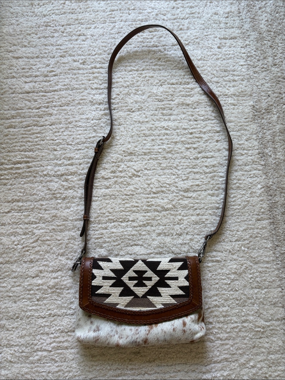 Shyanne Brown Leather Crossbody with Black & White Aztec Panel